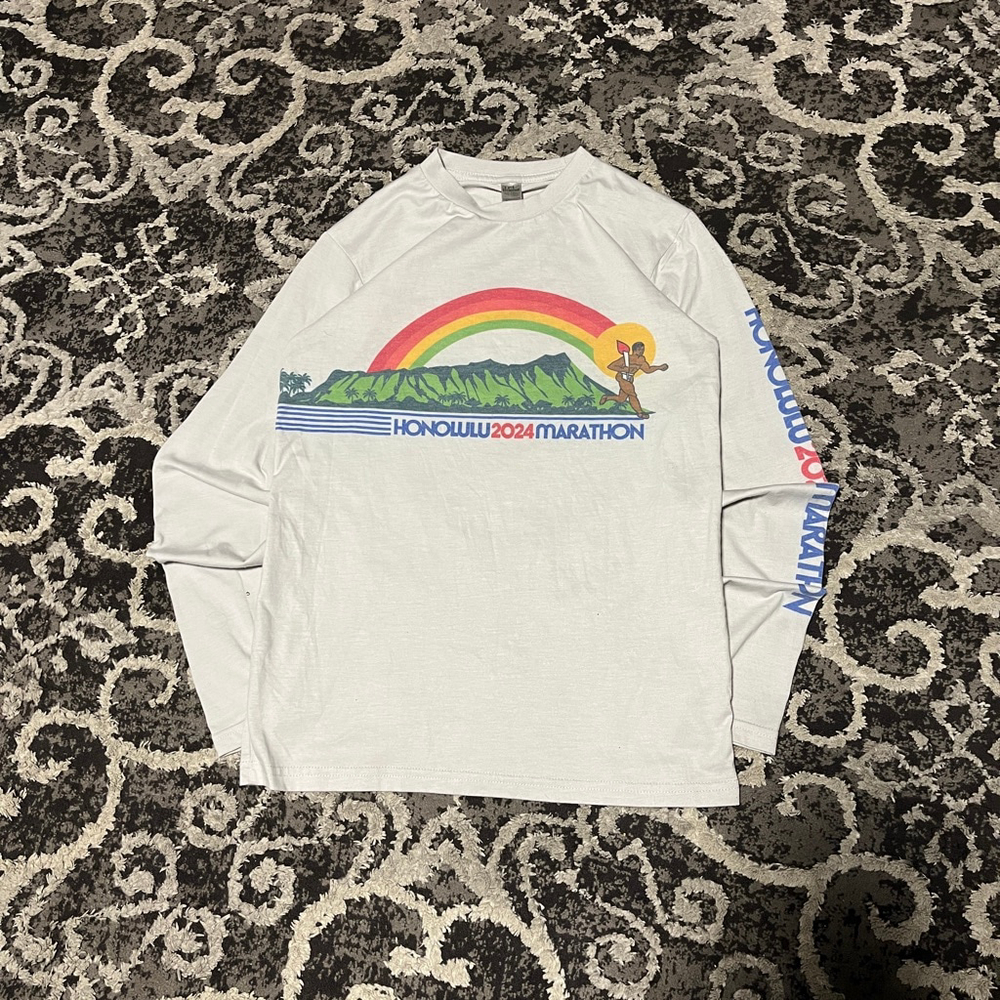 Men's Tri-Blend White Multicolor Honolulu Marathon Long Sleeve Tee XS